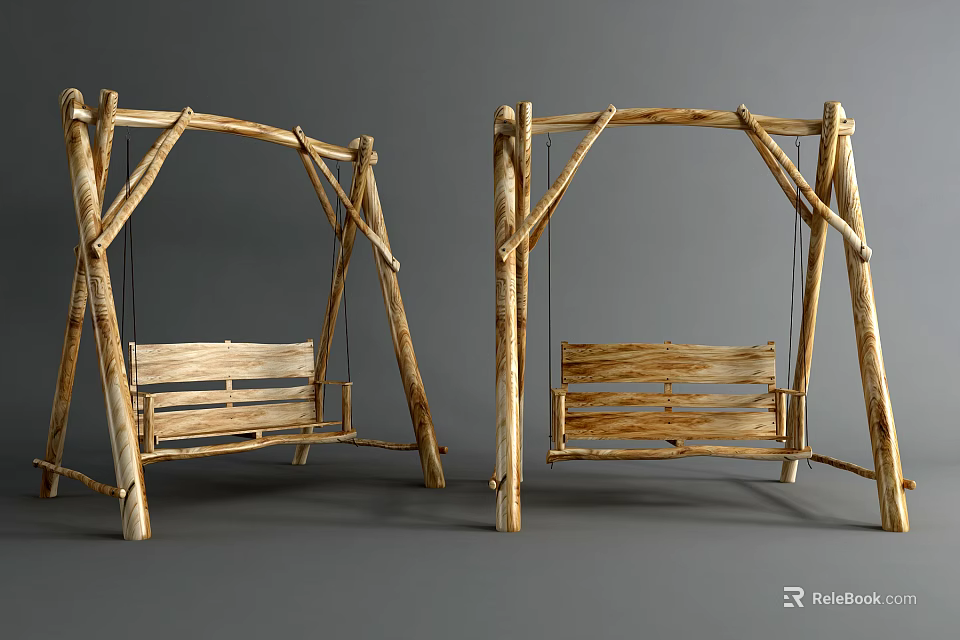 Two Natural Wood Swing Chairs with Sturdy Frame and Wooden Seat for Outdoor Patio 3d model 