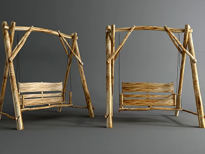 Two Natural Wood Swing Chairs with Sturdy Frame and Wooden Seat for Outdoor Patio 3d model
