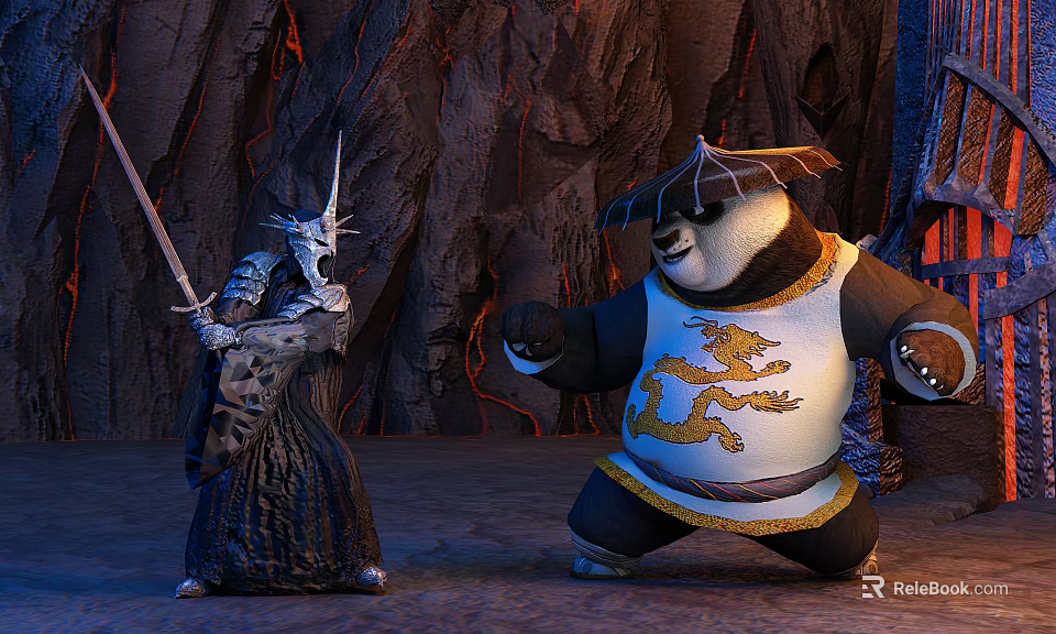 Panda Character With Golden Dragon Design Faces Armored Swordsman In Lava Cave Setting 3d model 
