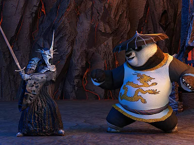 Panda Character With Golden Dragon Design Faces Armored Swordsman In Lava Cave Setting 3d model