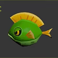 Cute Green Fish With Yellow Fins Tail And Big Eyes In Cartoon Style