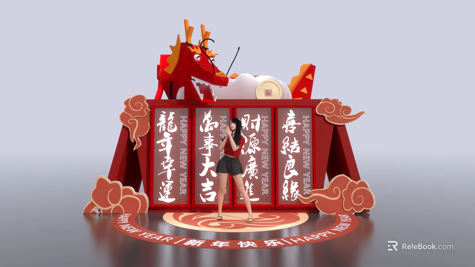 Chinese New Year Red Decoration With Dragon Statue Couplets And Female Figure 3d model 