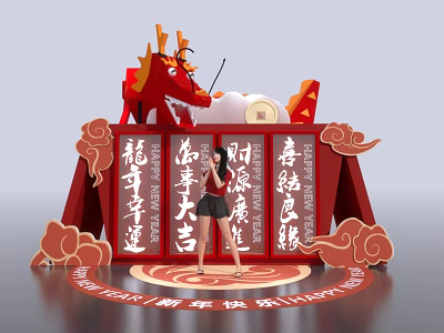 Chinese New Year Red Decoration With Dragon Statue Couplets And Female Figure 3d model