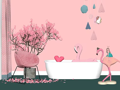 Pink Themed Bathroom Interior With White Bathtub Pink Flamingos Petals And Hanging Decorations 3d model