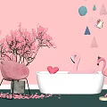 Pink Themed Bathroom Interior With White Bathtub Pink Flamingos Petals And Hanging Decorations