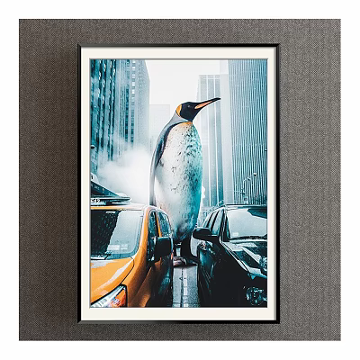 Animal Painting of Penguin on City Street with Yellow Taxi Black Cars and Tall Buildings 3d model