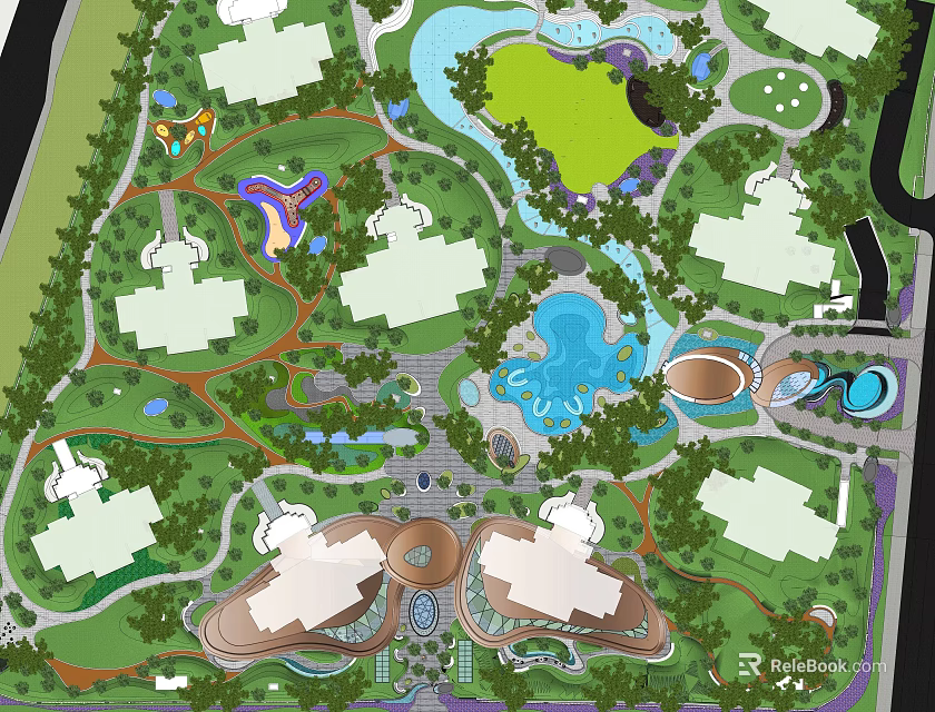 Residential Landscape Design With Multiple Buildings Green Spaces Water Features And Paths 3d model 