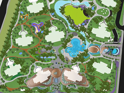 Residential Landscape Design With Multiple Buildings Green Spaces Water Features And Paths 3d model