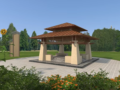 Outdoor Pavilion With Brown Wooden Roof Stone Pillars Green Lawn And Surrounding Trees Flowers 3d model