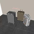 Three Stylish Hard Shell Suitcases in Gray Brown White with Stickers and Rolling Wheels