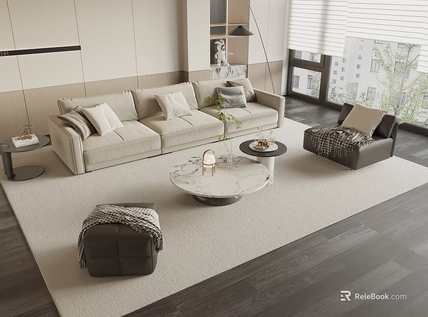 Modern Beige Sofa Coffee Table Set With Marble Top And Rug In Living Room Interior 3d model 