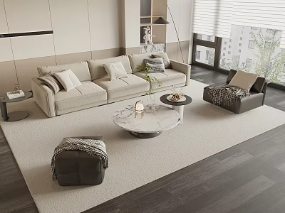 Modern Beige Sofa Coffee Table Set With Marble Top And Rug In Living Room Interior 3d model