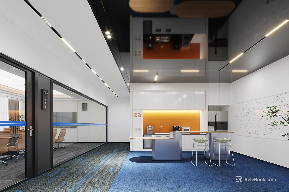 Modern Office Pantry Interior Design With Orange Backsplash Bar Counter And Stools 3d model 