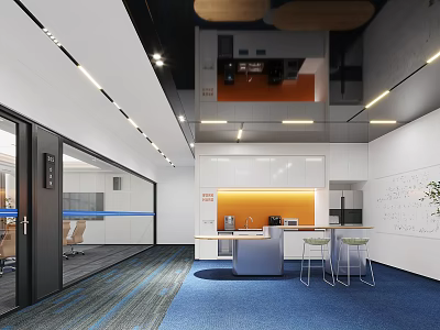 Modern Office Pantry Interior Design With Orange Backsplash Bar Counter And Stools 3d model