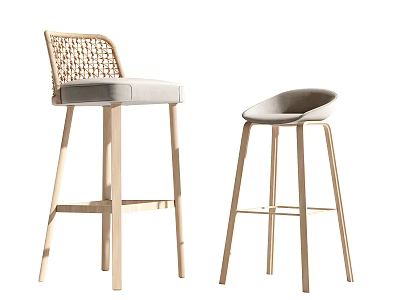 Modern Wooden Bar Stools With Woven Back And Curved Padded Seat Design 3d model