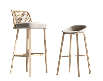 Modern Wooden Bar Stools With Woven Back And Curved Padded Seat Design 3d model