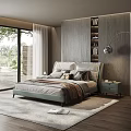 Modern Bedroom With Light Colored Double Bed Wooden Wall And Large Windows 3d model