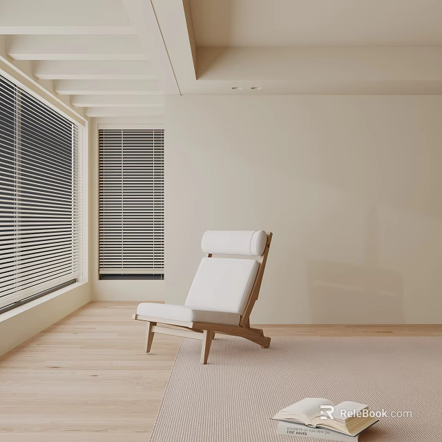 Modern White Accent Chair With Wooden Frame By Window With Blinds And Light Wooden Floor 3d model 