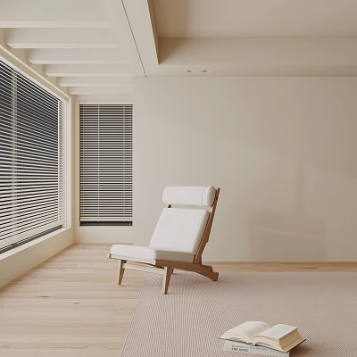 Modern White Accent Chair With Wooden Frame By Window With Blinds And Light Wooden Floor 3d model
