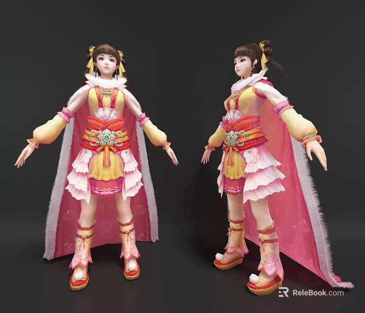 Vibrant Game Movie Character in Traditional Yellow Pink Outfit with Cape and Double Ponytail 3d model 