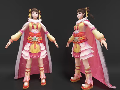 Vibrant Game Movie Character in Traditional Yellow Pink Outfit with Cape and Double Ponytail 3d model