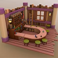 Cartoon Tavern Scene With Round Bar Counter Green Stools Wooden Barrels Ladder And Purple Columns