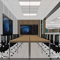 Modern Monitoring Room Interior With White Floor Green Pillars Workstations Computer Screens And Ceiling Lights