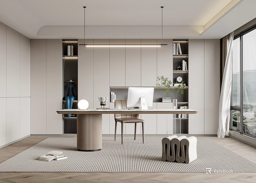 Modern Home Office Interior Design With Wooden Desk Bookshelves And Pendant Light 3d model 