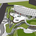 Modern Sales Office Building With Unique Roof Design Green Landscape And Water Feature