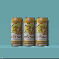 Three Cans of Mo MIL Orange Tangy Flavor Canned Drink on Blue Background