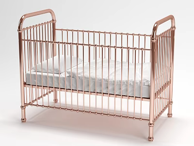 Elegant Copper Baby Crib With White Mattress And Rail Structure 3d model