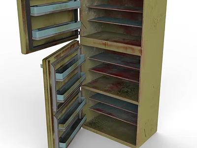 Vintage Metal Kitchen Storage Cabinet With Open Drawers And Shelves For Appliances 3d model