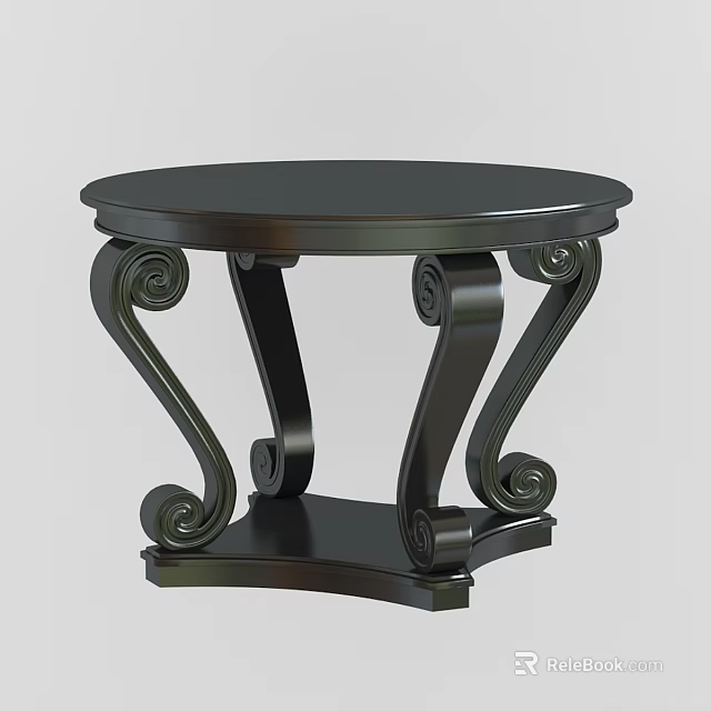 Round Dark Colored Dining Table With Elegant Carved Scroll Legs Design 3d model 