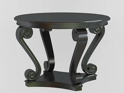 Round Dark Colored Dining Table With Elegant Carved Scroll Legs Design 3d model