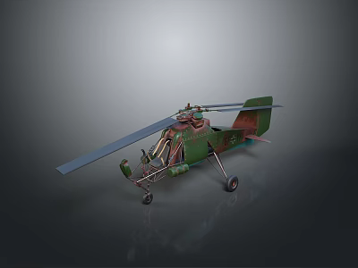 Vintage Military Helicopter Model Green Brown Color With Rotor And Fuselage Details On Gray Background 3d model