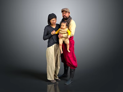 Family Group Portrait With Adult Man Woman And Baby Standing In Studio 3d model