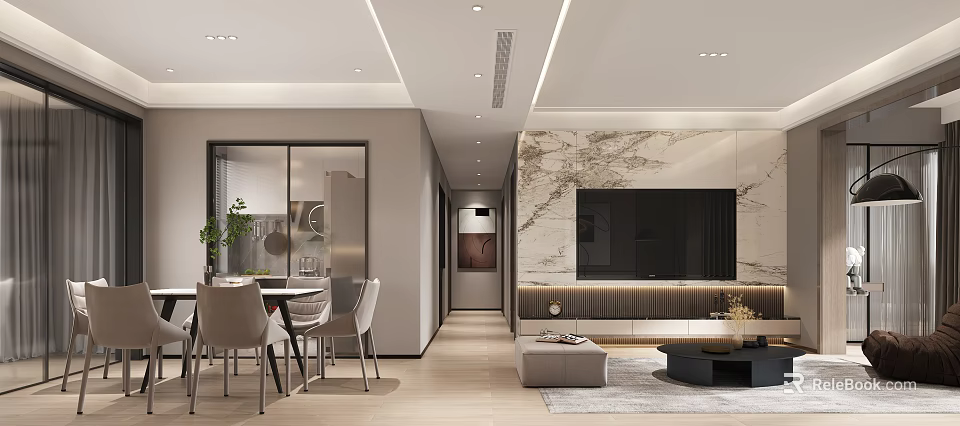 Modern Living Dining Room Interior Design With Marble Feature Wall TV Dining Table And Sofa 3d model