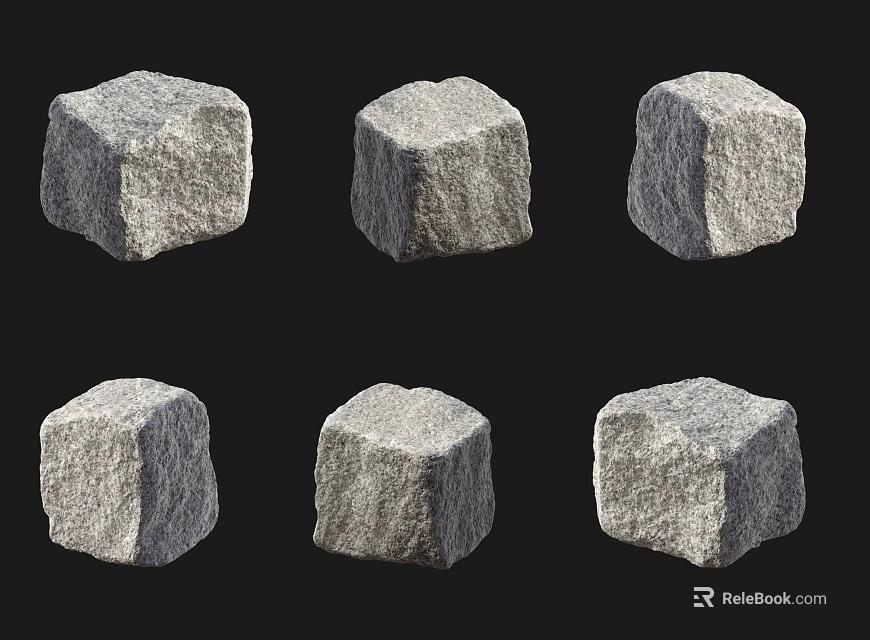 Rough Textured Gray Stone Cubes Arranged in Two Rows on Black Background 3d model 