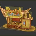 Cartoon Scene of Traditional Decorated Pavilion with Yellow Red Roof and Floral Patterns Wooden Pillar