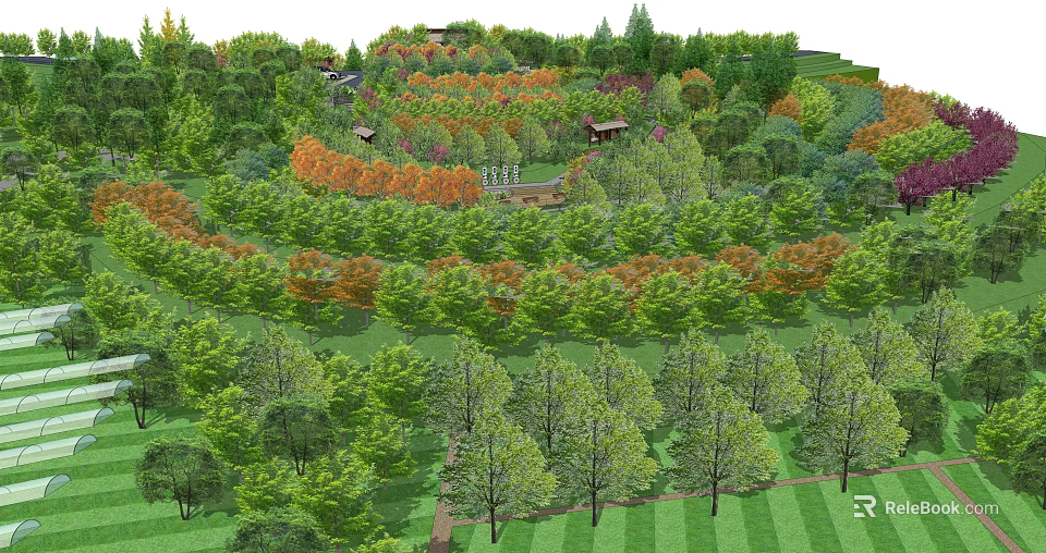 Park Landscape With Lush Green Trees Colorful Autumn Foliage And Walking Paths 3d model 