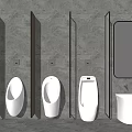 Three White Urinals With Wooden Partitions In Modern Gray Bathroom