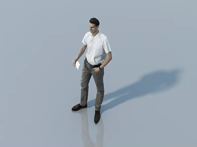 A man in white shirt and khaki pants holding paper on light floor with shadow 3d model