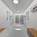 Compact Industrial Equipment Setup in Narrow Space with Sink Mirror Refrigerator and Checkerboard Floor Tiles