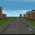 Urban Road Infrastructure With Wide Paved Surface Yellow Dividing Line Street Lamps And Green Lawns