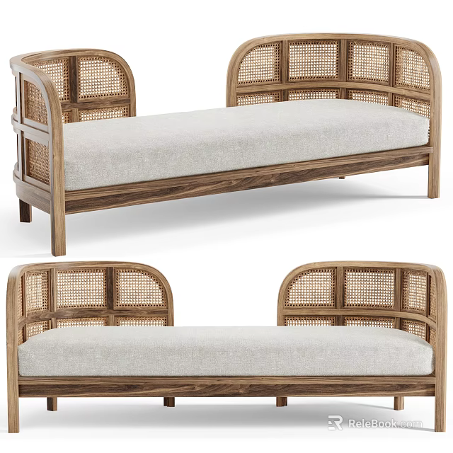 Modern Spacious Sofa With Wicker Backrest And Wooden Frame Light Cushion 3d model