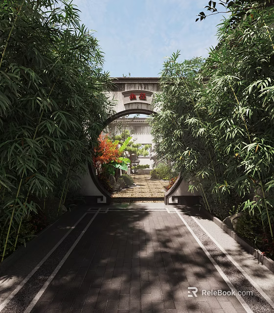 Chinese Garden Landscape Featuring Circular Archway Bamboo Groves Stone Path And Red-Leaved Plants 3d model 