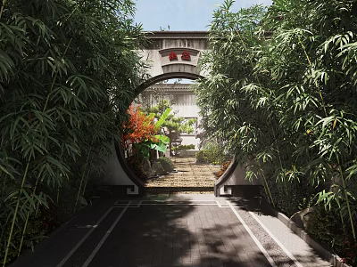Chinese Garden Landscape Featuring Circular Archway Bamboo Groves Stone Path And Red-Leaved Plants 3d model