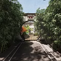 Chinese Garden Landscape Featuring Circular Archway Bamboo Groves Stone Path And Red-Leaved Plants