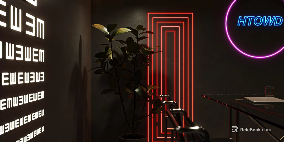 Modern Interior Featuring Red Neon Geometric Lines And Indoor Plant Decor Elements 3d model 