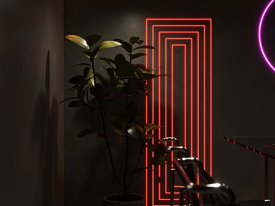 Modern Interior Featuring Red Neon Geometric Lines And Indoor Plant Decor Elements 3d model